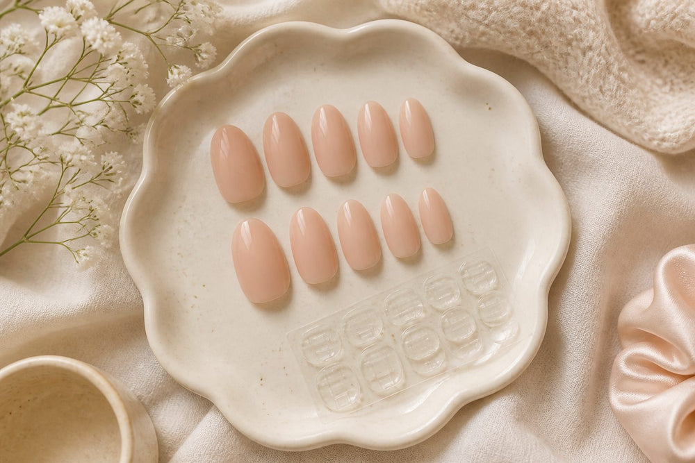 Press-on nail set stored in its tray with fresh adhesive tabs beside it