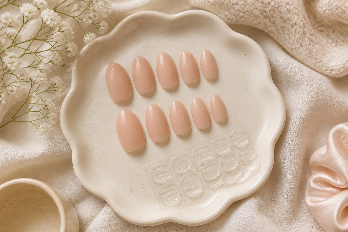Press-on nail set stored in its tray with fresh adhesive tabs beside it