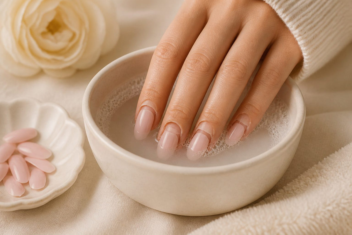 Hands soaking in a bowl of warm soapy water to remove press-on nails without acetone