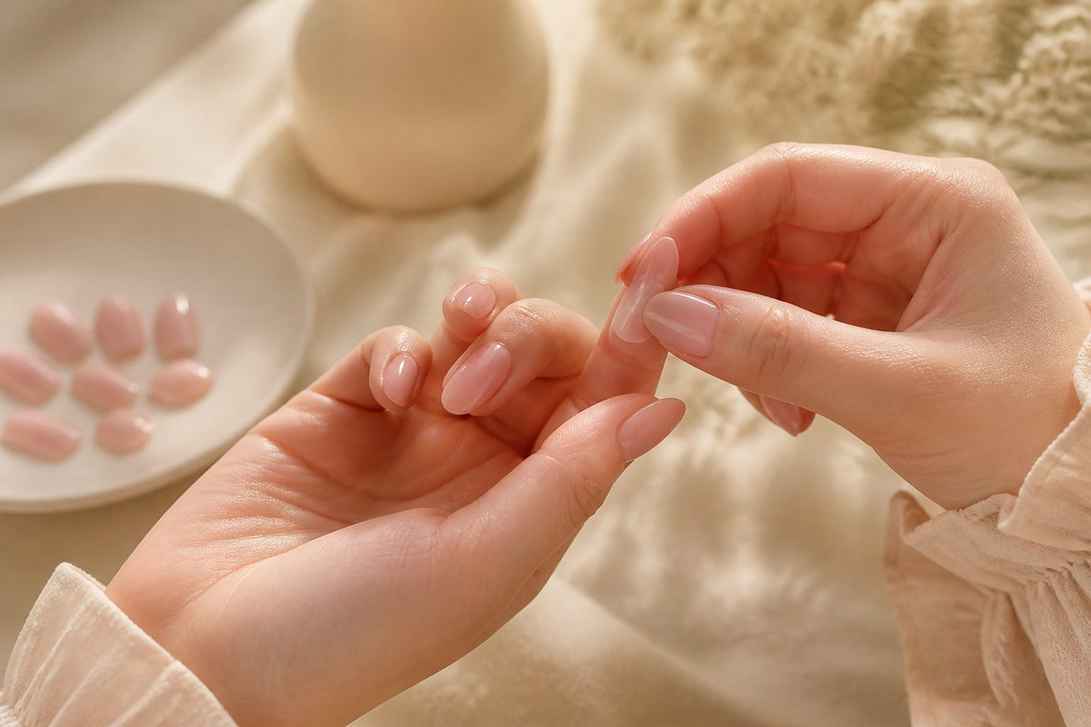 Soft almond press-on nails beside a bowl of warm soapy water and a wooden orange stick for gentle removal
