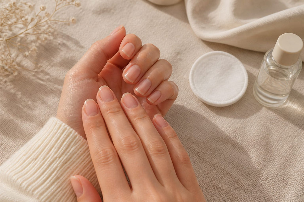 Clean dry natural nails being gently prepped beside a press-on set and size map