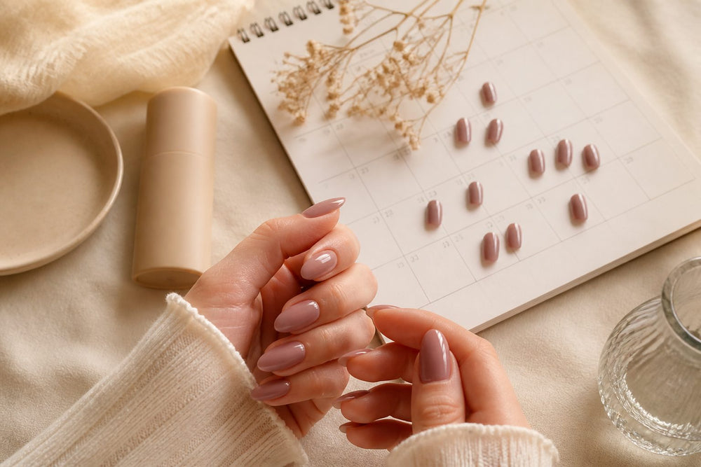 Soft almond press-on manicure on hands typing at a desk, everyday wear context