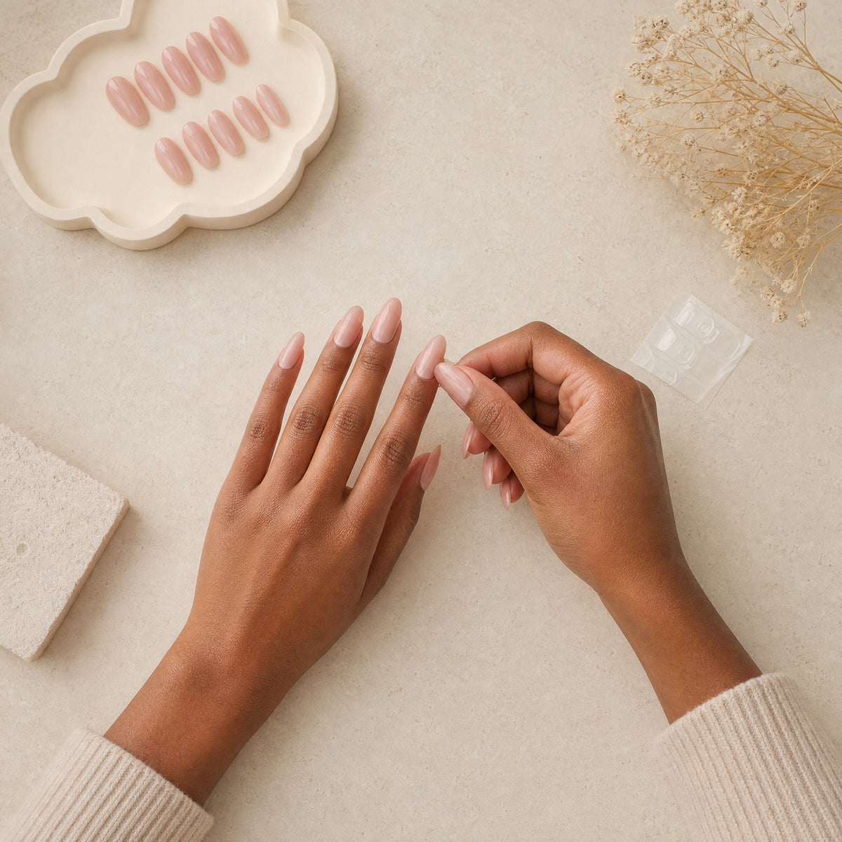 A quiet-luxury press-on nail application moment in Nails By Her blush and ivory styling
