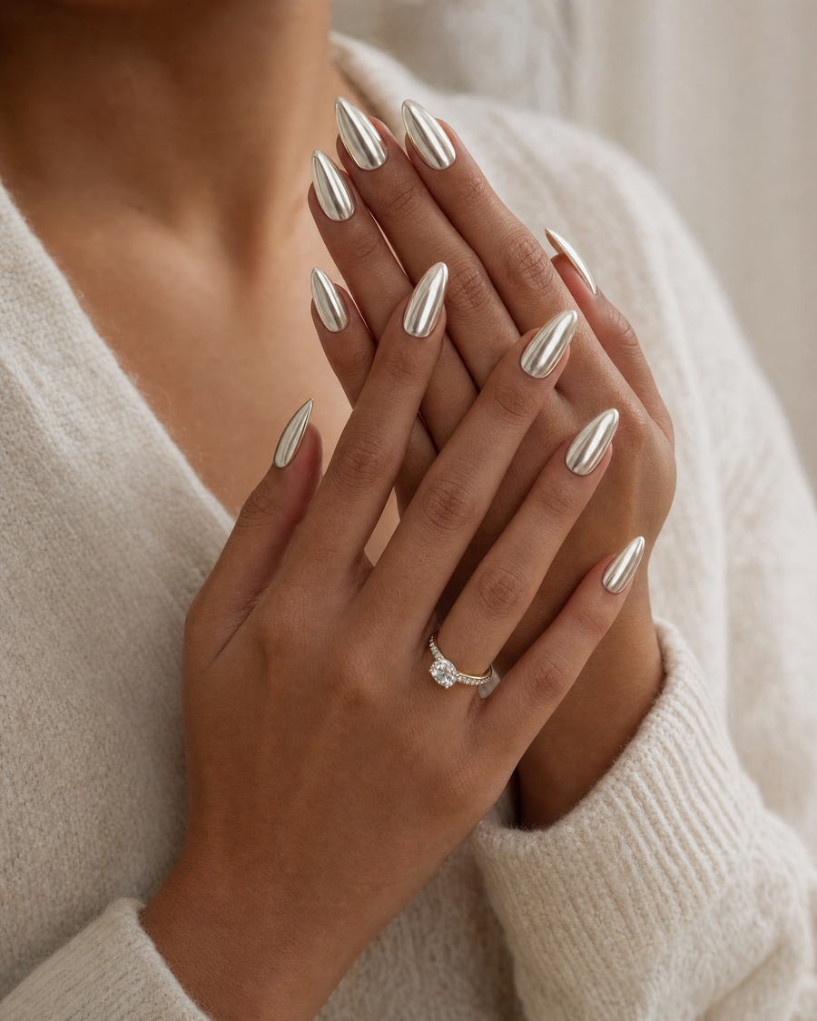 Liquid Silver Chrome Almond Press-On Nails