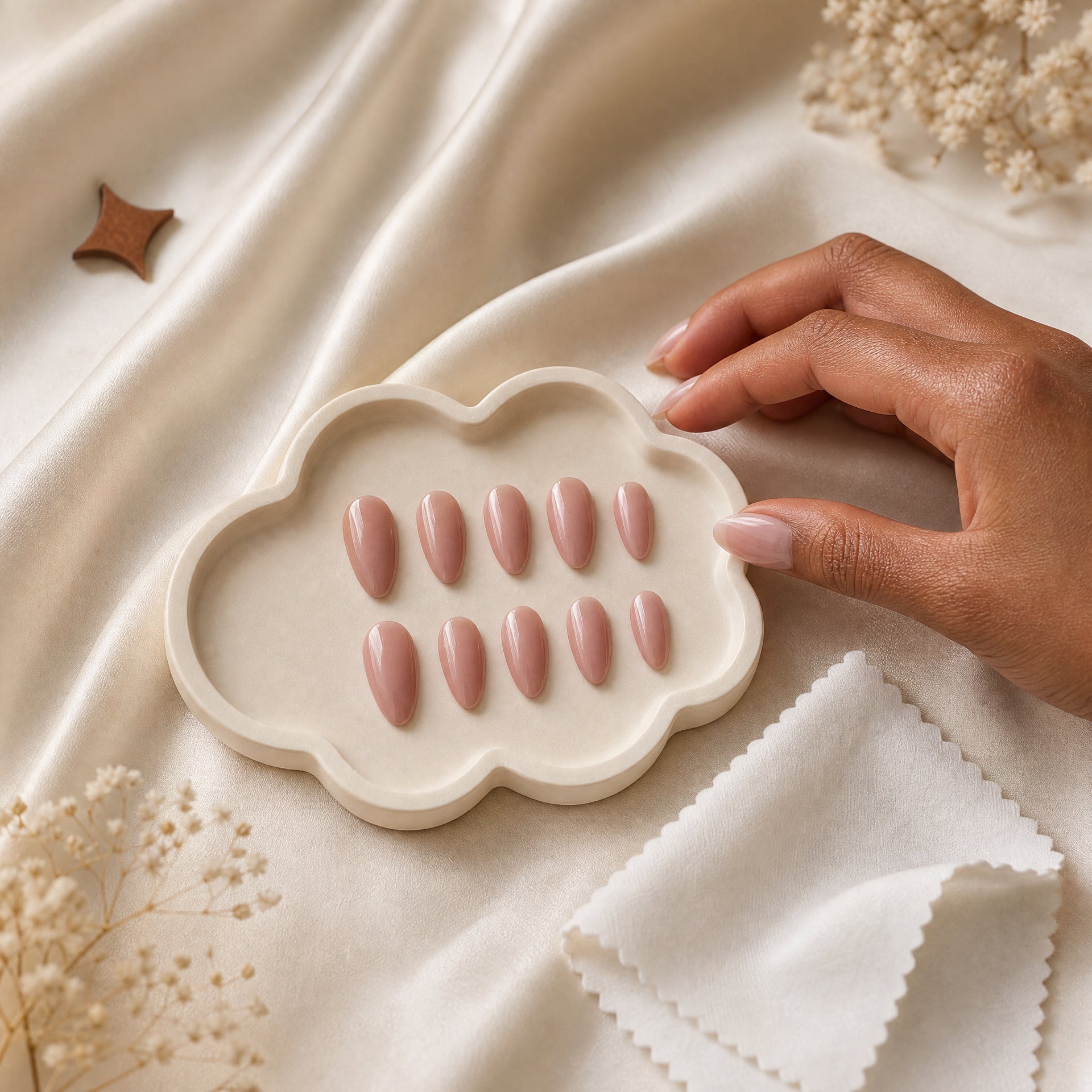 A gentle press-on nail care scene with a blush nail set and soft cloth