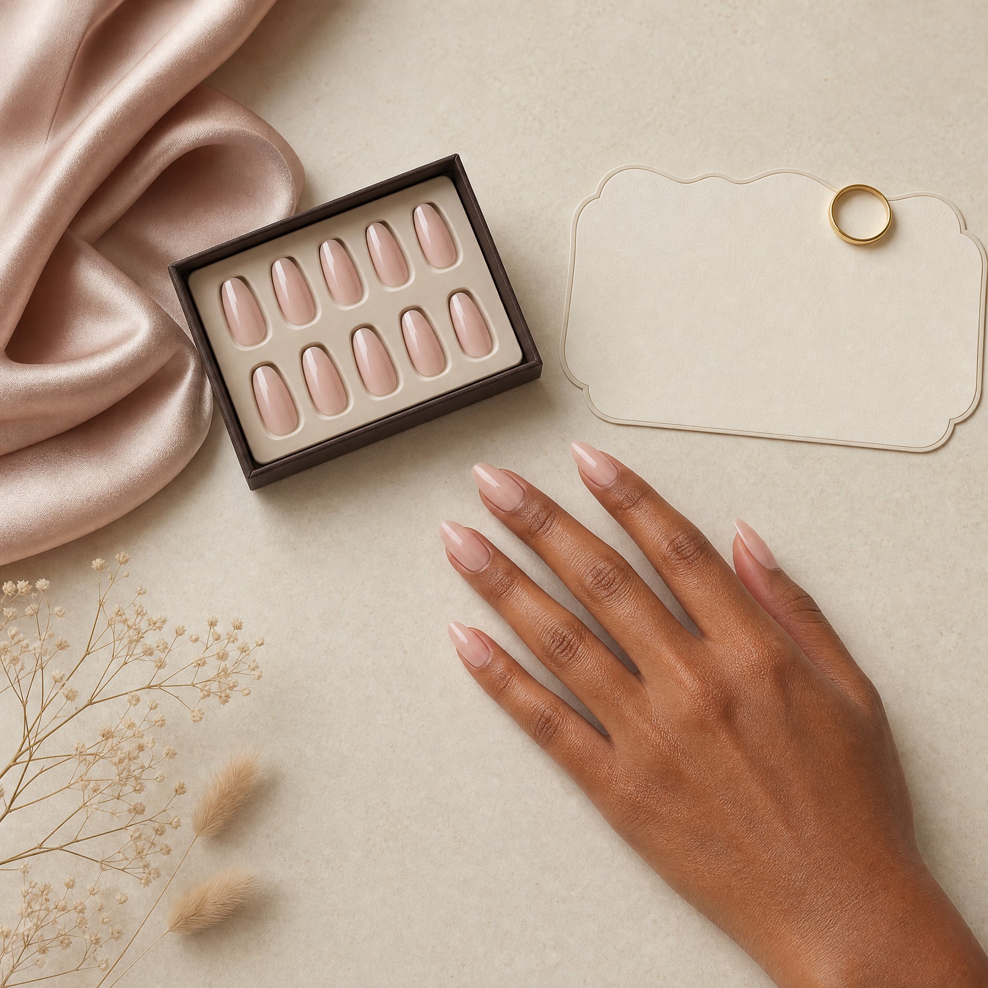 A quiet-luxury press-on nail set beside a blush manicure in an at-home setting