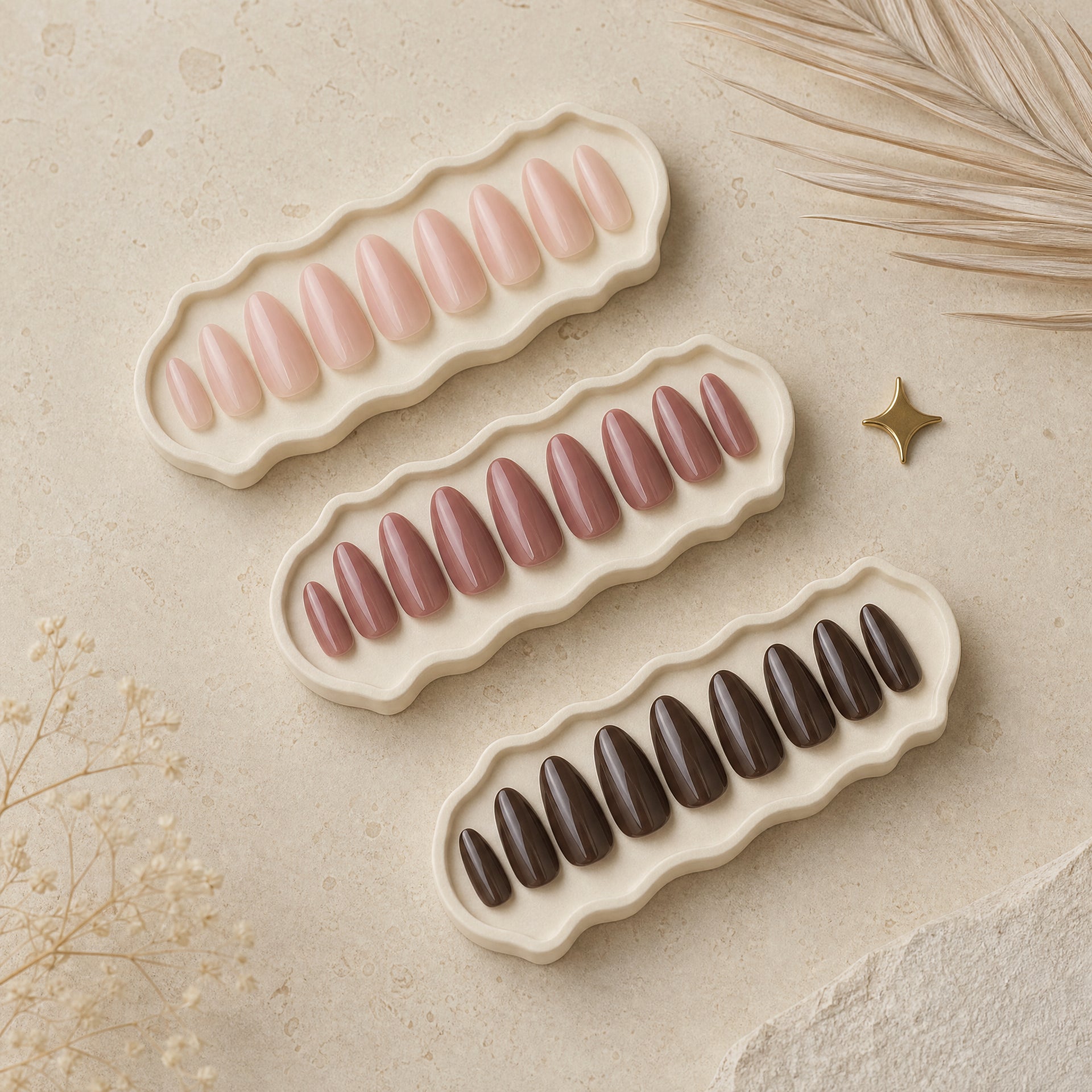 Three refined press-on nail sets in blush, rosewood, and espresso tones